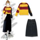 Color Block Sweater / Denim Midi Straight-fit Skirt