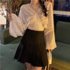 Lantern Sleeve V-neck Dotted Cropped Top / Pleated A-line Skirt