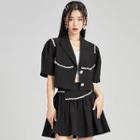 Set: Short-sleeve Rhinestone Cropped Blazer + Mini A-line Skirt