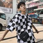 Lettering Checkered Elbow-sleeve T-shirt