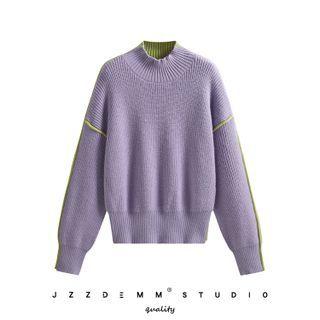 Mock Neck Sweater Purple & Green - One Size