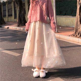 Embroidered Midi A-line Mesh Skirt As Shown In Figure - One Size