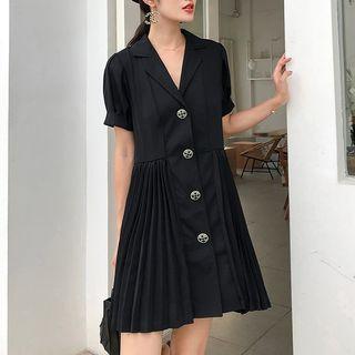 Short-sleeve Accordion Pleat A-line Shirt Dress