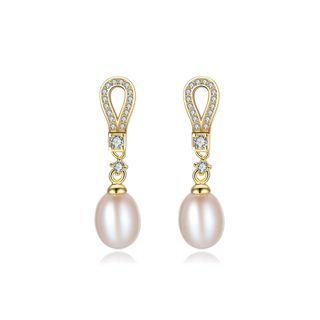 Sterling Silver Plated Gold Simple Fashion Geometric White Freshwater Pearl Earrings With Cubic Zirconia Golden - One Size