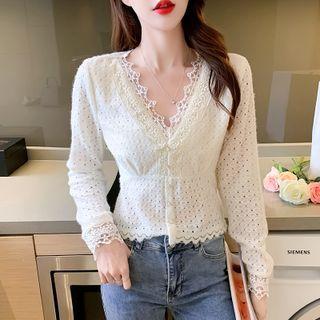 Long-sleeve V-neck Lace Panel Peplum Blouse