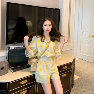 Elbow-sleeve Lapel Collar Plaid Playsuit Yellow - One Size