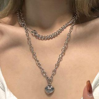 Heart Pendant Layered Necklace 1066a - Silver - One Size