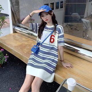 Short-sleeve Number Print Striped T-shirt Dress