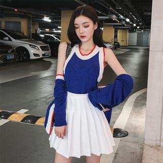 Colorblock Knit Cardigan / Tank Top / Pleated A-line Skirt