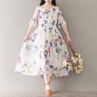 Elbow-sleeve Floral Print Midi A-line Chiffon Dress