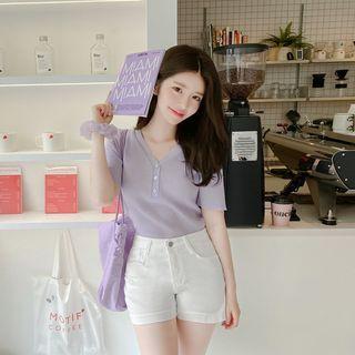 Colored Elbow-sleeve V-neck Knit Top