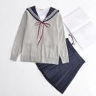 Set: Cardigan + Sailor Collar Top + Pleated Skirt