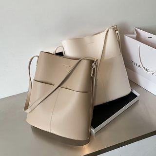 Set: Plain Faux Leather Crossbody Bag + Zip Pouch