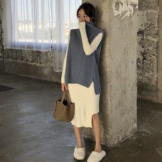 Turtleneck Ribbed Sweater Vest/ Mock Neck Midi Knit Dress