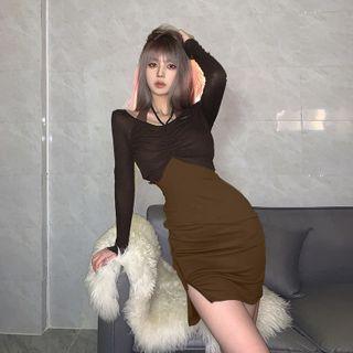 Set: Halter Knit Mini Sheath Dress + Long-sleeve Crop Top