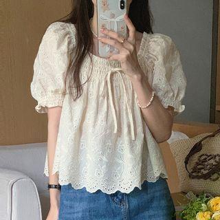 Puff-sleeve Square-neck Cutout Shirt Almond - One Size