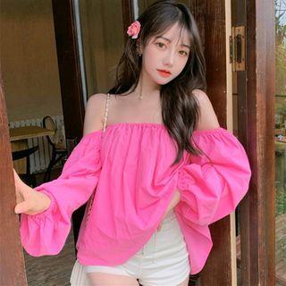 Plain Off-shoulder Long-sleeve Top Rose Pink - One Size