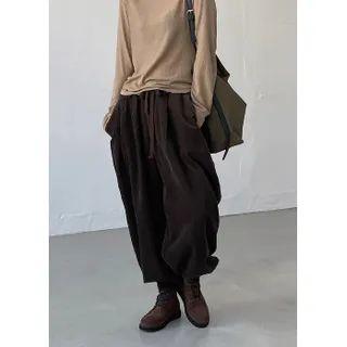 Drawcord Wide Corduroy Pants Khaki - One Size