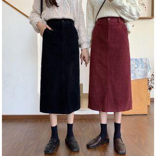 Corduroy High-waist Slit A-line Midi Skirt