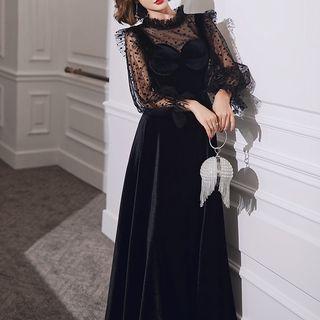 Dotted Mesh Panel Long-sleeve Sheath Evening Gown