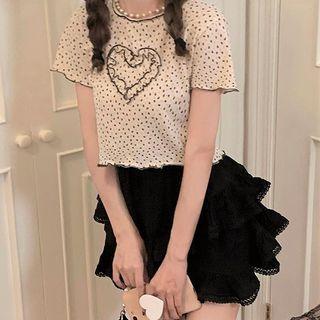 Short-sleeve Lettuce Edge Heart Top Almond - One Size