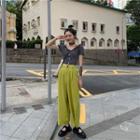 Plaid Short-sleeve Top / Crop Dress Pants