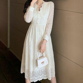 Long-sleeve V-neck Perforated Lace Retro Dress