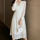 Long-sleeve V-neck Perforated Lace Retro Dress