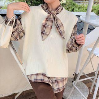 Tie Neck Plaid Blouse / Sweater Vest