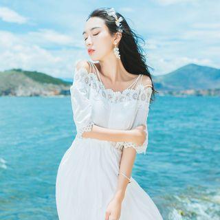 Elbow-sleeve Cold-shoulder Lace Trim Midi A-line Dress