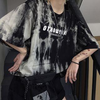 Tie-dye Lettering Elbow-sleeve T-shirt