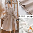 Lace Trim Drawstring Long-sleeve Midi Collared Dress