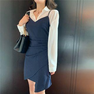 Plain Long-sleeve Shirt / Striped Slim-fit Sleeveless Dress