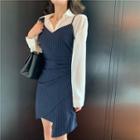 Plain Long-sleeve Shirt / Striped Slim-fit Sleeveless Dress