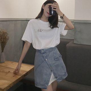 Set: Lettering Short-sleeve T-shirt Dress + Denim Mini A-line Skirt