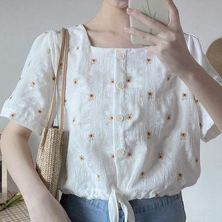 Short-sleeve Square-neck Floral Lace Up Blouse