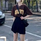 Short-sleeve Lettering T-shirt / A-line Slit Skirt