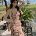 Lace Jacket / Spaghetti Strap Flower Print Midi Sheath Dress