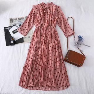 3/4-sleeve Dotted Midi A-line Chiffon Dress
