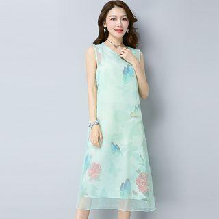 Butterfly Print Sleeveless A-line Midi Dress