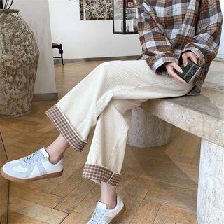Check Trim Wide Leg Corduroy Pants