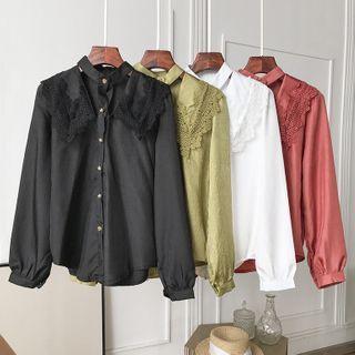 Long-sleeve Lace Trim Cutout Stand Collar Shirt