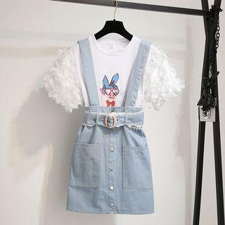 Set: Short-sleeve Print T-shirt + Mini Denim Jumper Dress