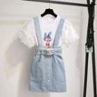 Set: Short-sleeve Print T-shirt + Mini Denim Jumper Dress