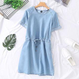 Drawstring Short-sleeve Denim A-line Dress Light Blue - One Size