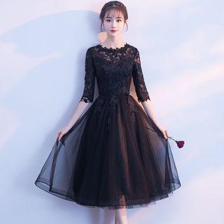 Elbow-sleeve Floral Applique Fishtail Cocktail Dress