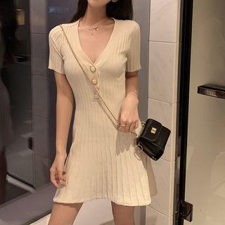 Short-sleeve V-neck Mini Knit Dress
