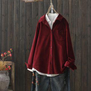 Pocketed Corduroy Shirt Wine Red - One Size