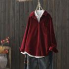 Pocketed Corduroy Shirt Wine Red - One Size