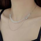 Faux Crystal Layered Alloy Necklace 1pc - Gm1615 - Silver & Transparent - One Size